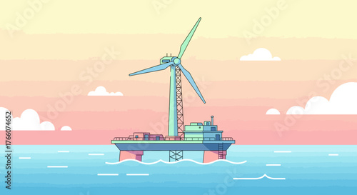 Offshore wind turbine generating clean energy on the water surface.