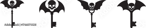 "Set of Black Keys with Skull and Bat Wing Designs for Halloween, Gothic and Dark Themed Art, Illustrations, and Graphics"