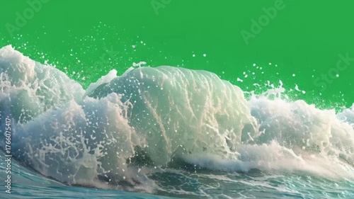A large wave crashes with power and grace, forming a beautiful display of nature's might, set against a green backdrop