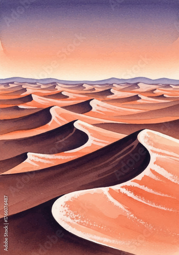 Flowing sand dunes across a vast desert expanse at sunset, a serene and modern watercolor style digital illustration