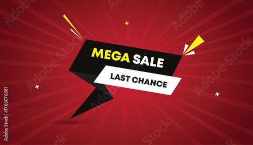 Mega sale last chance web banner vector art template design badge icon label deep blue gray white shapes yellow bold text dark red light sunshine abstract business background promotion offer