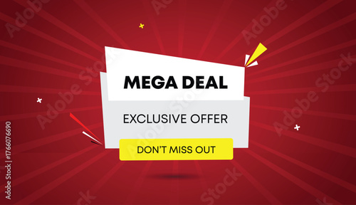Mega deal exclusive offer dont miss out web banner vector art template design badge icon label white gray yellow shapes black bold text dark red light sun shine abstract business background