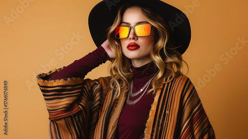 Chic Woman in Autumn Fashion with Hat & Reflective Sunglasses Studio Portrait