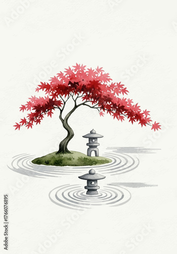 Serene Japanese Zen garden with a red maple tree and stone lanterns depicted in a modern watercolor artistic style
