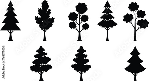 Tree silhouette collection, vector illustration, diverse tree shapes, nature design, forest elements, botanical art, seasonal trees, landscape assets, editable, isolated