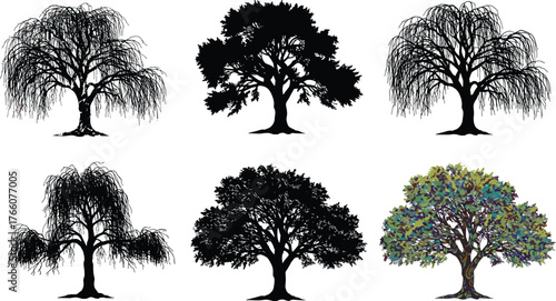 Tree silhouette collection, weeping willow, broadleaf trees, artistic foliage, nature illustration, landscape design, botanical elements, seasonal diversity, vector pack, decorative asset
