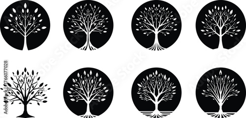 Tree silhouette icon set, black circular background, symbolic nature design, abstract forest art, vector illustration, decorative, seasonal, spiritual, minimal