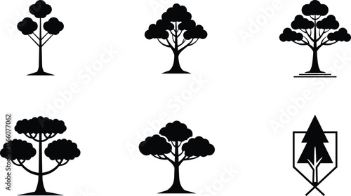 Tree silhouette icons, black vector trees, stylized nature symbols, forest elements, minimal design, landscape illustration, botanical clipart, isolated shapes