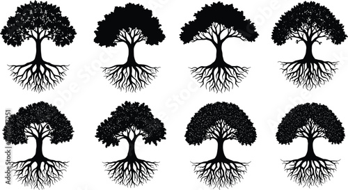 Tree silhouette illustration, black roots, nature design, forest icon, botanical art, grounded growth, isolated trees, vector graphic, landscape element