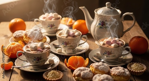 Wallpaper Mural Hot chocolate cups with marshmallows and steam, alongside a teapot, mandarins, and pastry on a rustic wooden table for a cozy beverage break. Torontodigital.ca