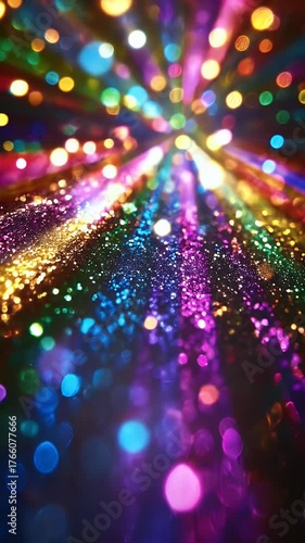 Vibrant rainbow bokeh and shimmering glitter create a magical, abstract light explosion