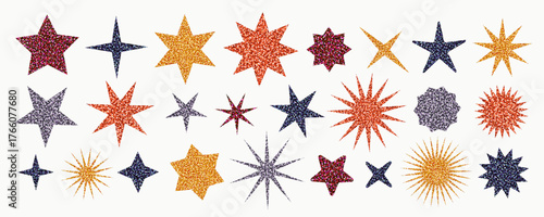 Glitter stickers in star shapes with sequin texture and sparkling shine. Vector disco confetti design in gold, rose gold, silver shades. Perfect for festive crafts, invitations, and Christmas decor.