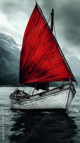 Vibrant red-sailed wooden boat on dark water with towering mountains under stormy sky