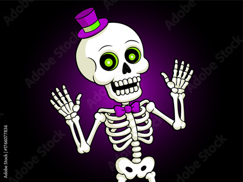 Funny skeleton cartoon character. Cute Halloween vector illustration with skeleton on dark background. Vector illustration of skeleton for poster, banner, greeting card, clipart, graphic design