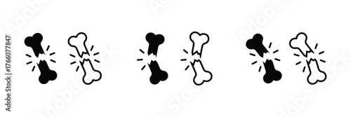 Broken bone icons. Fractured human bone icon. Crack or break bone symbol