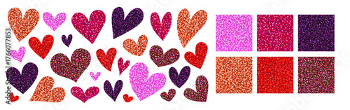 Glitter seamless patterns and stickers in shape of hearts. Sparkling vector sequin textures in pink, red, purple, and bronze, for Valentines cards, scrapbooking, festive decorations. Drag to swatches