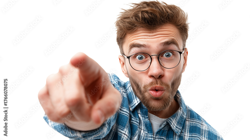 Fototapeta premium Surprised young man points at the camera while showcasing a playful expression indoors Generative AI