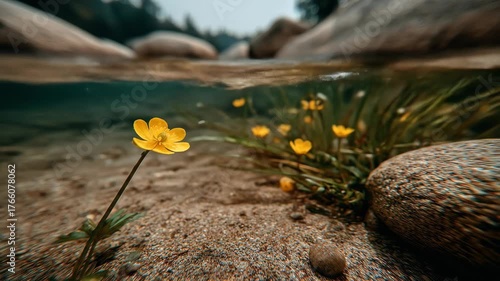 Vibrant yellow flower rooted underwater, clear river with rocky banks and surface view