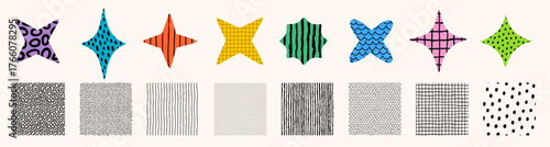 Abstract colorful shapes with dots, stripes, waves and grid textures and seamless black and white patterns. Pattern set in playful crayon style. Perfect for fabric, packaging. Drag to swatches panel.