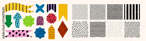 Abstract seamless pattern set with vector shapes and colorful arrows, ribbons, stars and blobs. Patterns with hand drawn crayon texture for fabric, wallpaper, wrapping. Drag to swatches panel.