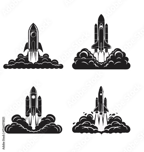 A collection of four vector illustrations showcasing rocket launches, each depicted in a monochrome silhouette against a white background, capturing the dynamic moment of liftoff with plumes of smoke 