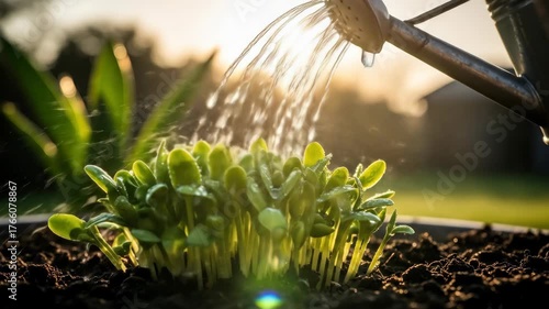Watering can gently showers vibrant green seedlings in rich soil, bathed in golden light