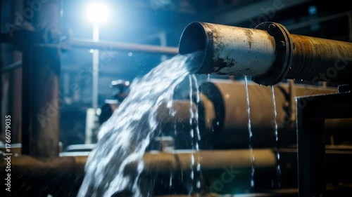 Water gushes from a dirty pipe in a dark industrial facility, backlit by a bright light