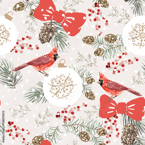 Christmas seamless pattern, cardinal bird, bow, white ball, pine twigs, cones, red berries, snow, beige background. Vector illustration. Nature design. Winter season greeting. New Year holidays