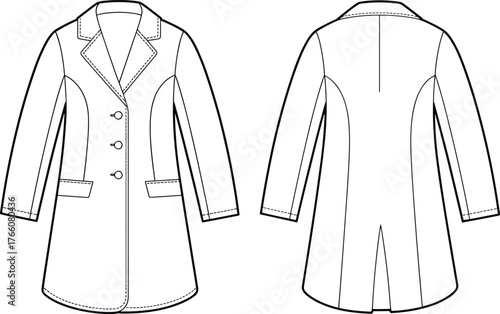 Coat fashion sketch, technical flat drawing, front and back view, notched lapel, flap pockets, princess seams, back vent