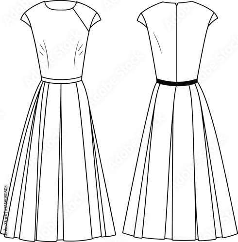 Elegant dress fashion illustration, technical flat sketch, front and back view, pleated skirt, cap sleeve, round neck, garment design