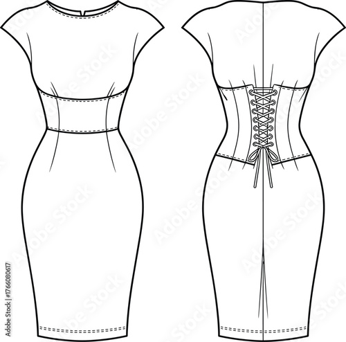 Fitted dress sketch, technical fashion illustration, front and back view, corset lace-up detail, short sleeves, tailored silhouette, garment design