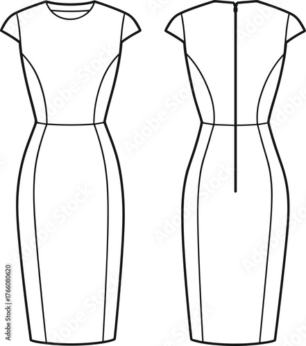 Fitted dress sketch, technical fashion illustration, front and back view, curved side panels, cap sleeves, center-back zipper, garment construction