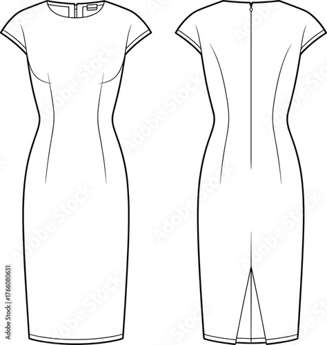 Fitted dress sketch, technical fashion illustration, front and back view, princess seams, cap sleeves, back vent, garment construction