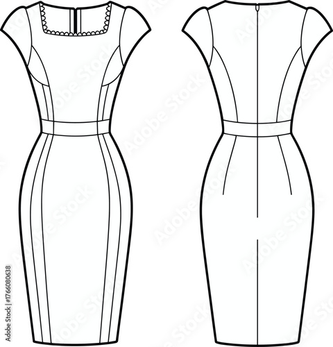 Fitted dress sketch, technical fashion illustration, front and back view, scalloped neckline, cap sleeves, pencil skirt, garment construction