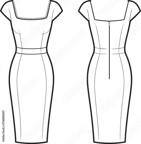 Fitted dress sketch, technical fashion illustration, front and back view, scalloped neckline, pencil skirt, cap sleeves, garment construction