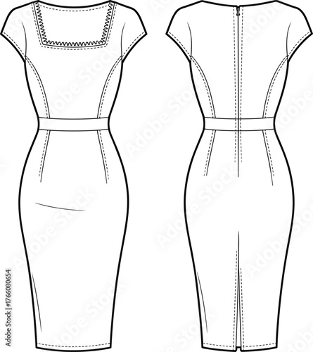 Fitted dress sketch, technical fashion illustration, front and back view, square neckline, cap sleeves, princess seams, garment construction