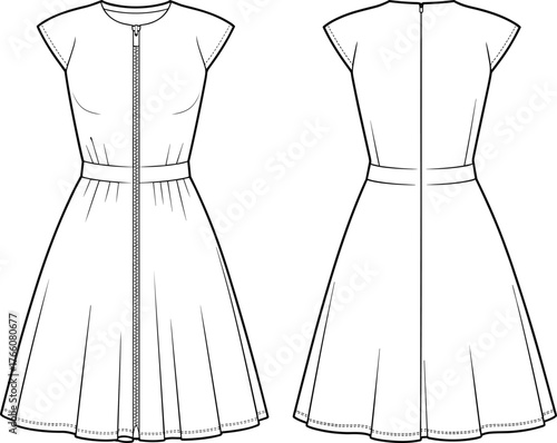 Flared dress sketch, technical fashion illustration, front and back view, paneled skirt, center zipper, cap sleeves, garment construction