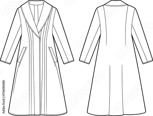 Long coat fashion sketch, technical flat drawing, front and back view, notched lapel, slanted welt pockets, tailored silhouette, outerwear