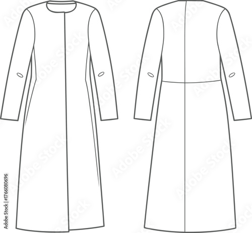 Long coat technical flat, front and back view, round neckline, clean silhouette, seam detail, fashion sketch, garment construction, vector illustration