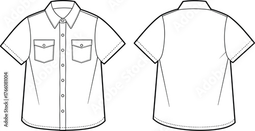 Short sleeve shirt technical flat, front and back view, button-up design, chest pockets, pointed collar, fashion sketch, garment construction