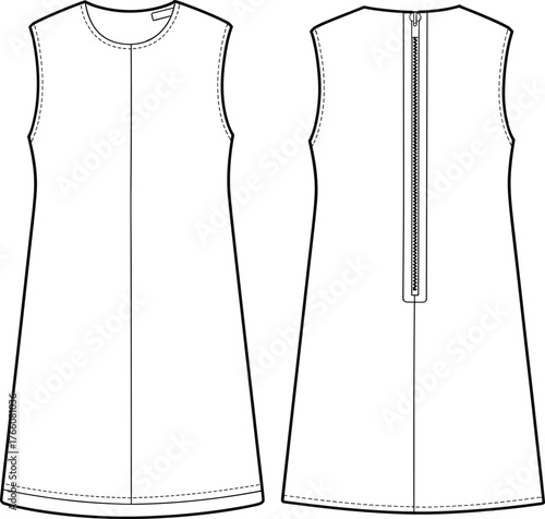 Sleeveless A-line dress technical flat, front and back view, round neckline, back zipper, curved hem, fashion sketch, garment construction