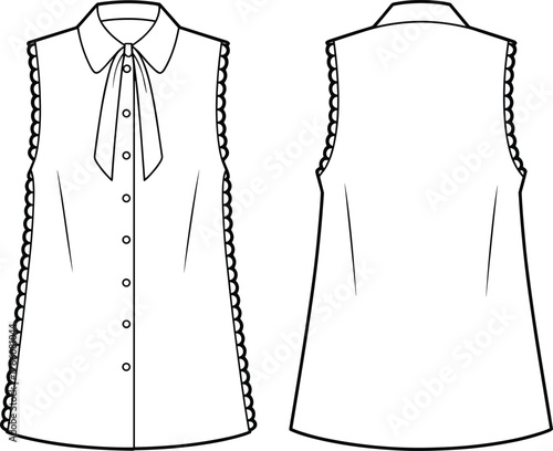 Sleeveless blouse technical flat, front and back view, bow tie collar, scalloped armholes, button closure, fashion sketch, garment construction