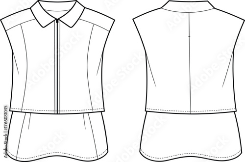 Sleeveless blouse technical flat, front and back view, hidden placket, layered hem, structured collar, fashion sketch, garment construction