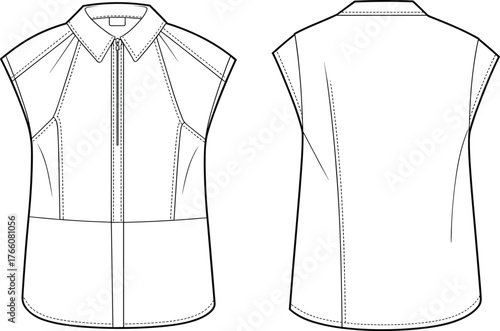 Sleeveless blouse technical flat, front and back view, pointed collar, front zipper, pleated shoulder, fashion sketch, garment construction, vector illustration