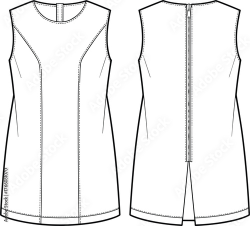 Sleeveless dress technical flat, front and back view, princess seams, round neckline, back zipper, fashion sketch, garment construction, vector illustration