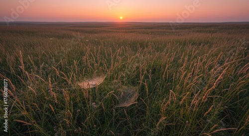 Wide shot of tall, grassy field with spiderwebs in foreground, bathed in warm light of a setting sun