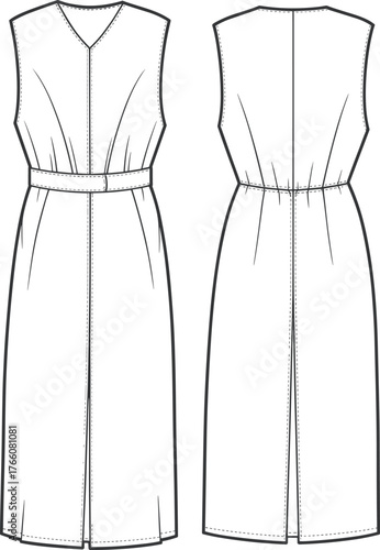 Sleeveless dress technical flat, front and back view, V-neckline, belted waist, gathered back, fashion sketch, garment construction, vector illustration