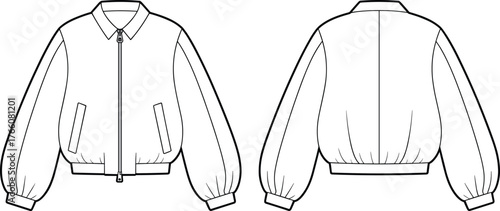 Technical jacket sketch, fashion flat illustration, front and back view, zipper closure, gathered cuffs, classic collar, garment design