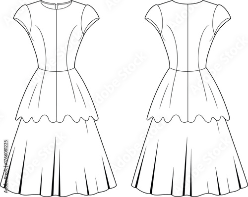 Tiered dress sketch, technical fashion illustration, front and back view, scalloped hemline, short sleeves, flared skirt, garment construction