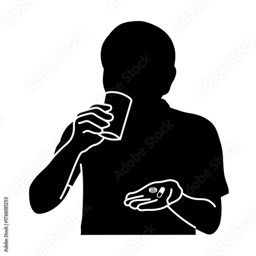 薬を飲んでいる人物のシルエットイラスト